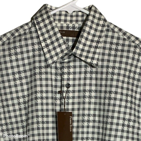 Perry Ellis Mens Medium Gray Check Plaid Linen Button Up Shirt New With Tags - Picture 3 of 10